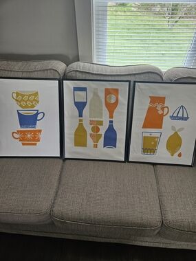 Set of Three Kitchen Fiber Art Prints - Blue, Orange, Yellow